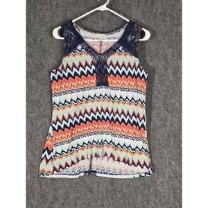 Carolyn Taylor Shirt Womens S Orange Blue Chevron Crochet Lace Tank Top Beach